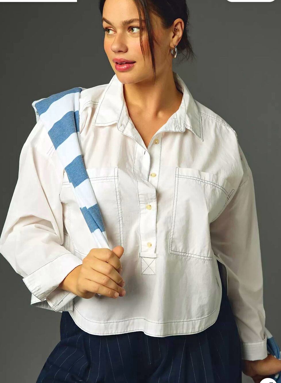Pilcro Women’s White Cotton Canvas Collared Cropped Button-Up Pockets XXS